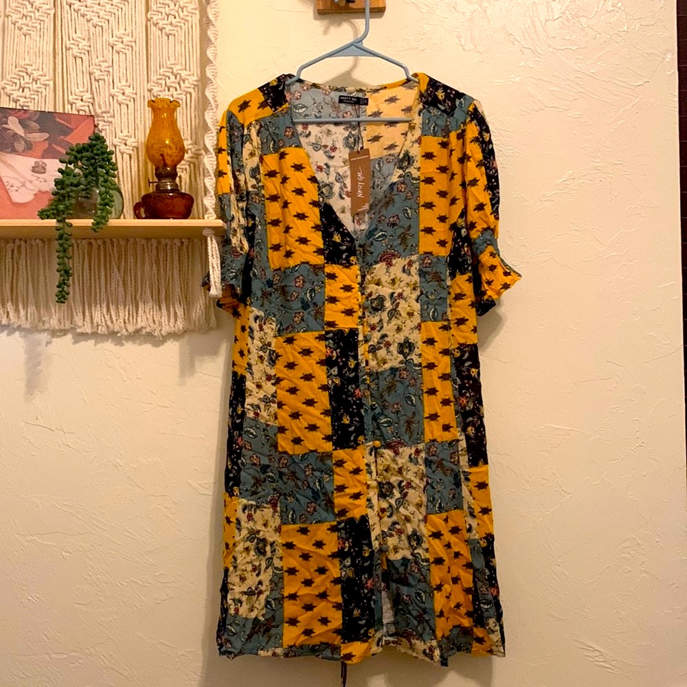 Patchwork Button Front Mini Dress